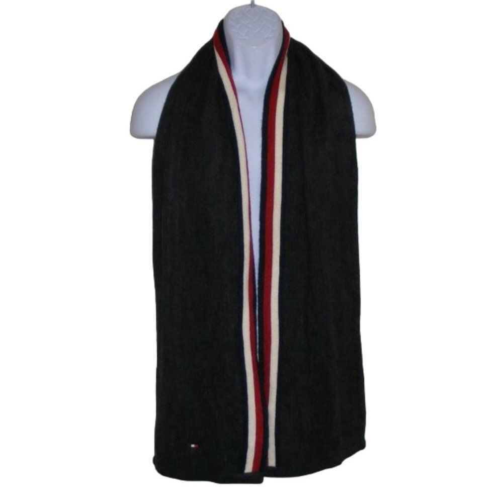 TOMMY HILFIGER Scarf, Charcoal Gray Acrylic, Red/White Stripe accent, Bar logo